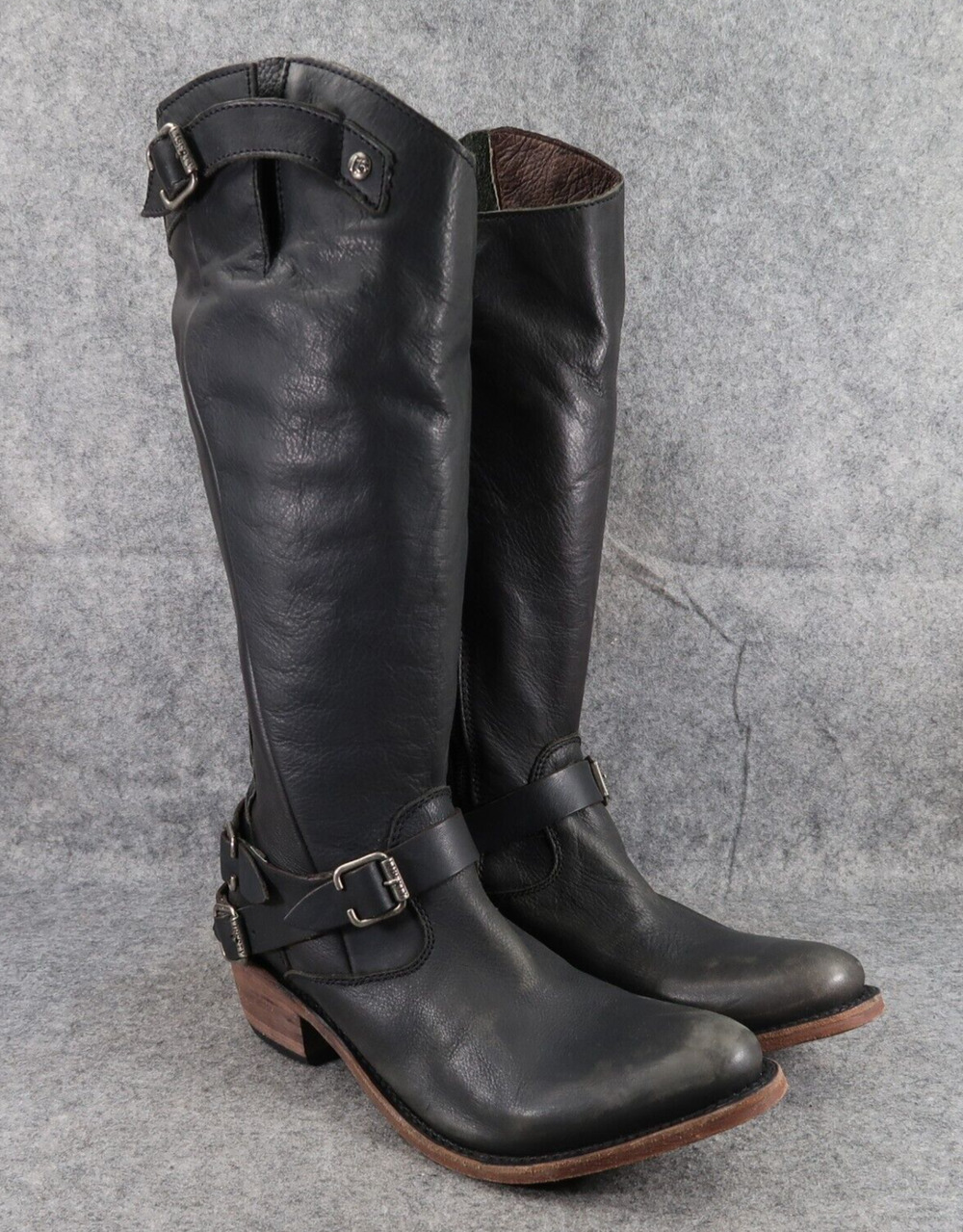 Liberty Black Boots Womens 9.5 Leather Western Riding Distressed Buckle Harness